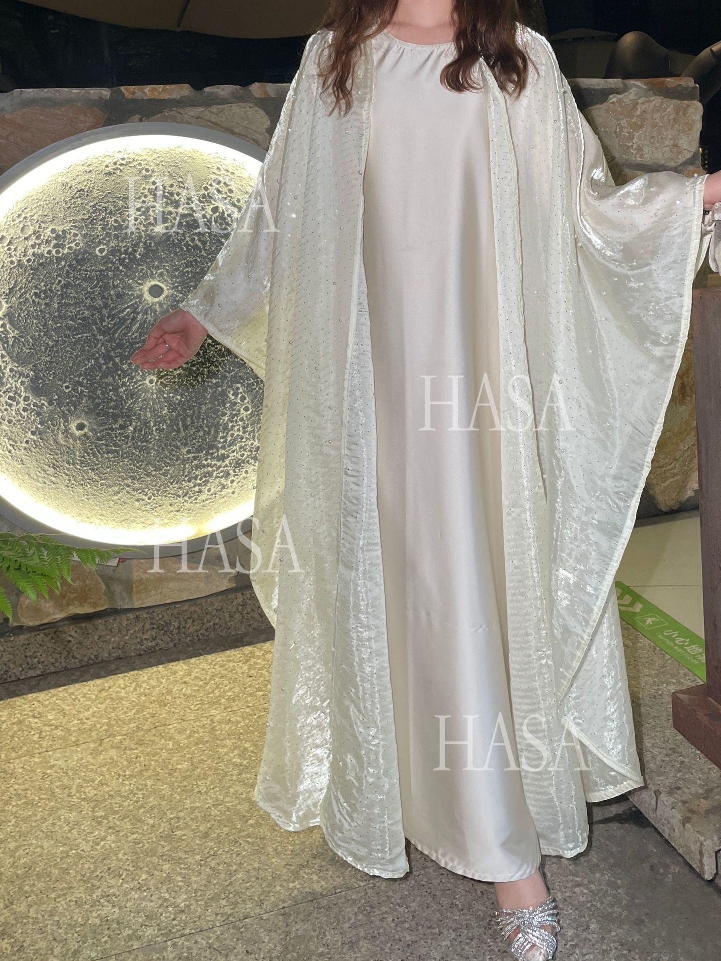 HA6540 Elegant Rhinestone Abaya Two-Piece Set with Outer Cape