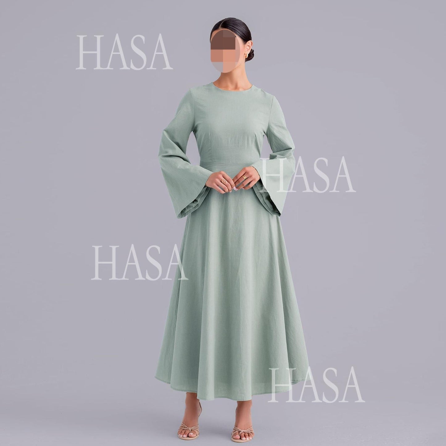 HA6494 Simple Solid Color Linen Bamboo Dress | Lace-Up Design