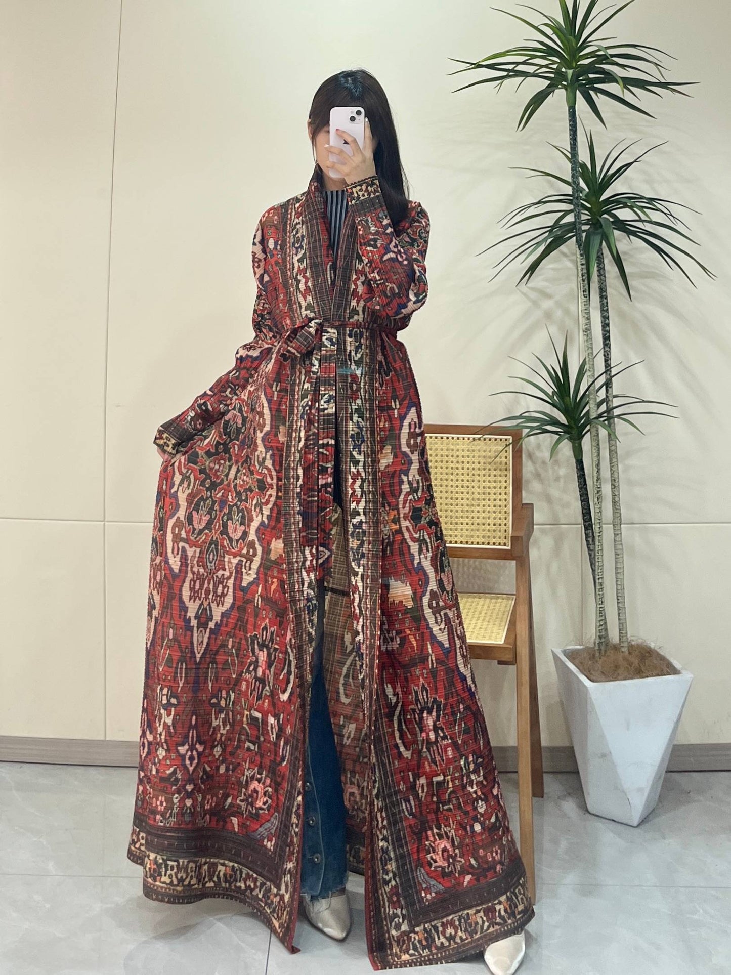 HS6706 Bohemian Elegance , Vibrant Red Printed Abaya