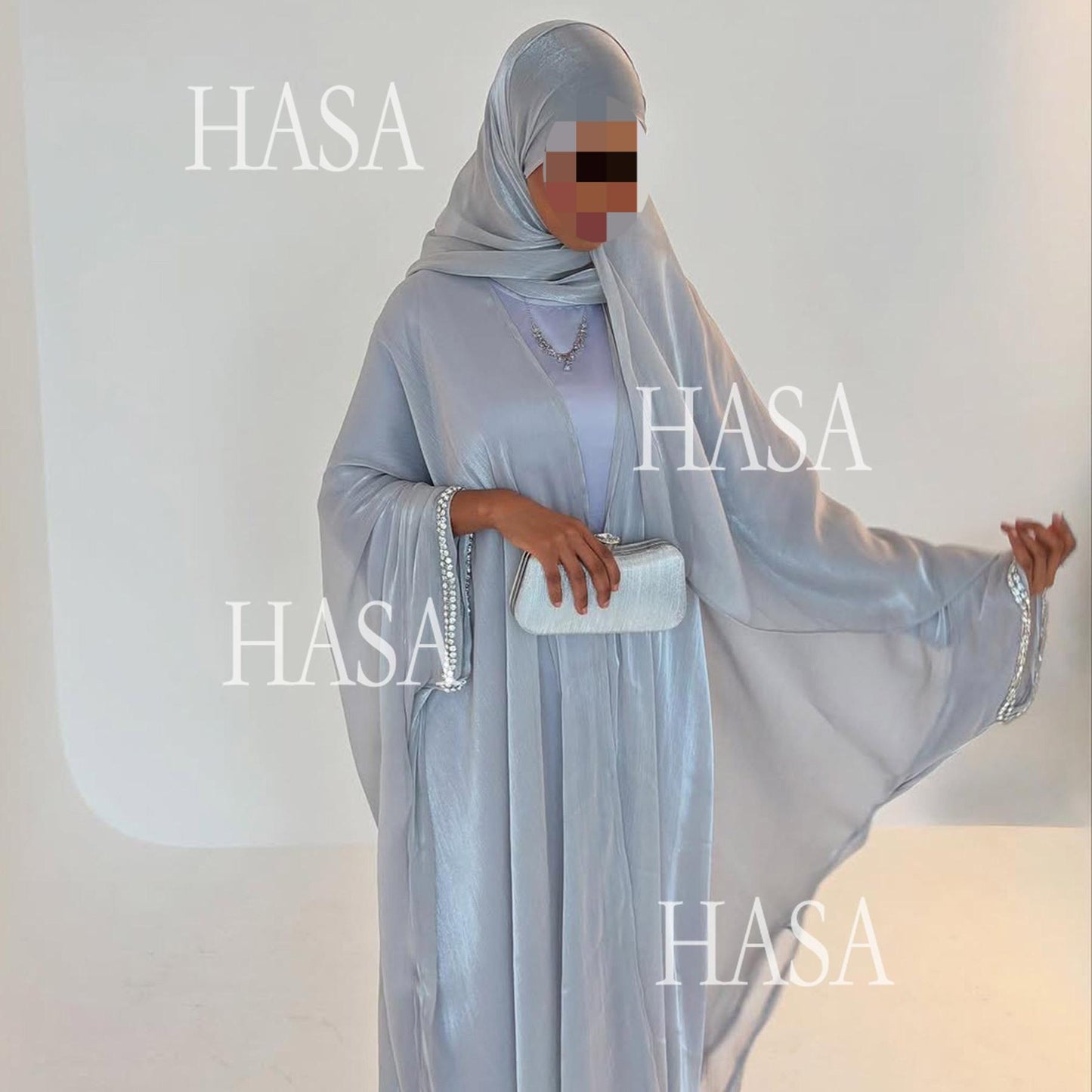HA6553  Two-Piece Solid Abaya with Beaded Details and Matching Scarf Option