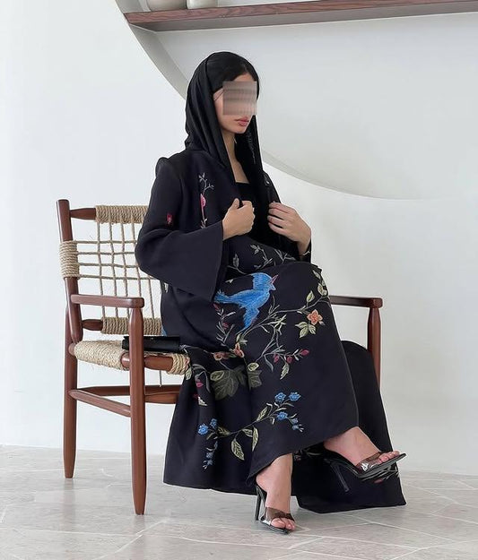 HS6707 Midnight Serenade ,Black Abaya with Striking Bird Embroidery