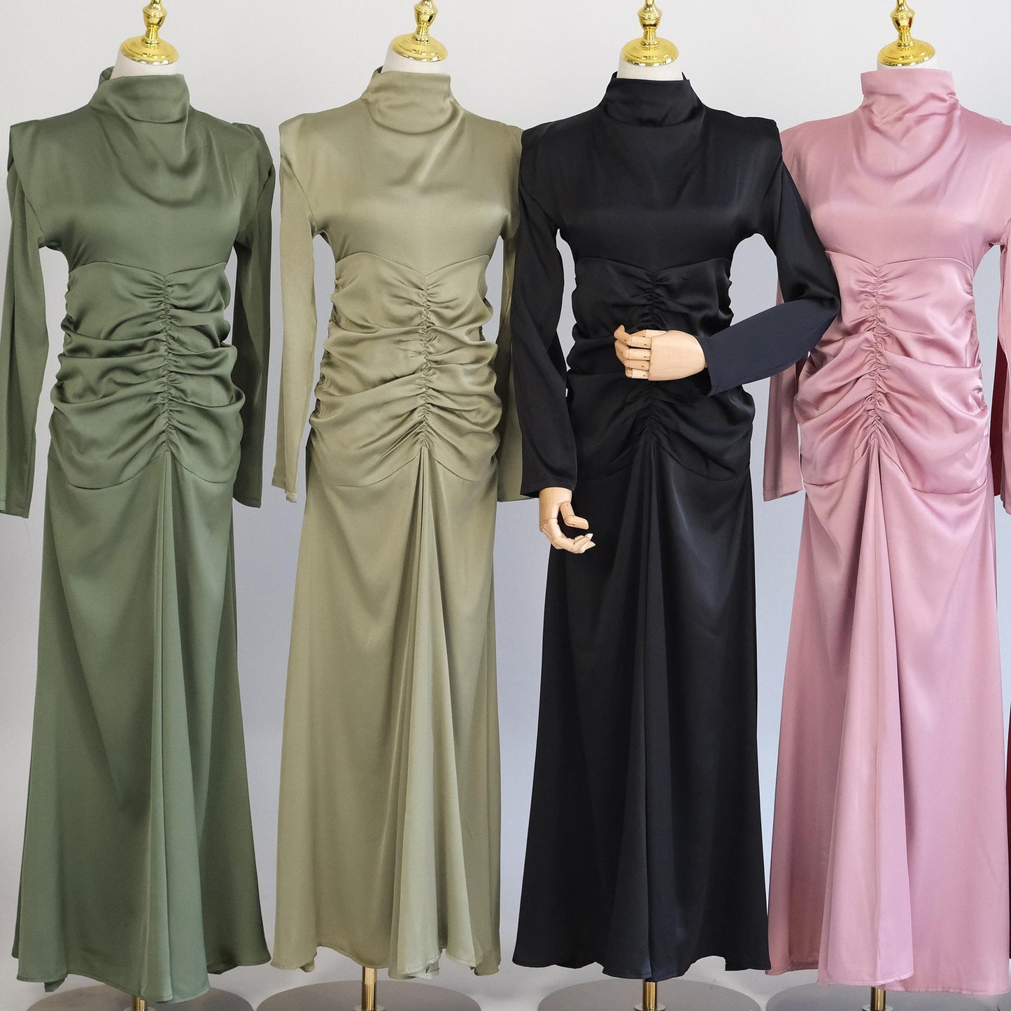 HAYA HAYA1020 Solid Color High Neck Slimming Robe Dress