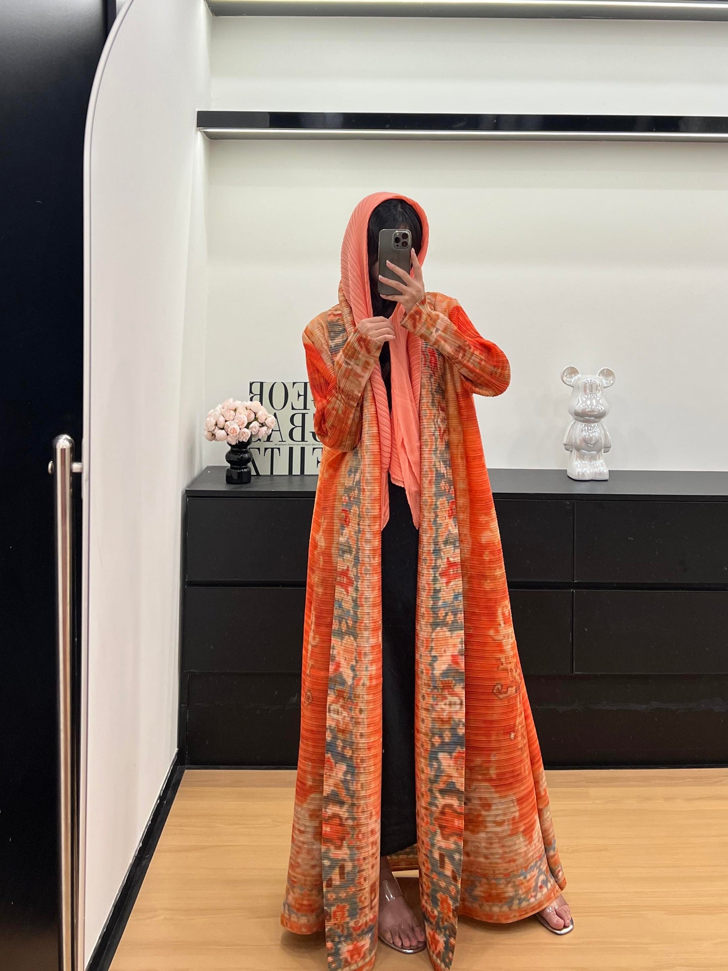 HASASERIES HS6714 Desert Bloom Vibrant Orange Abaya with Floral Prints