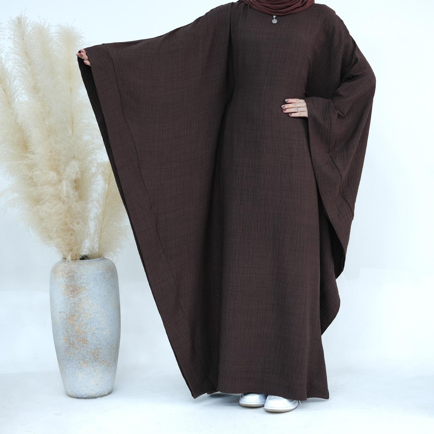 HAYA HA1177 Waist Raging Bat Sleeves Dress Crepe Kaftan with Built-in Belt