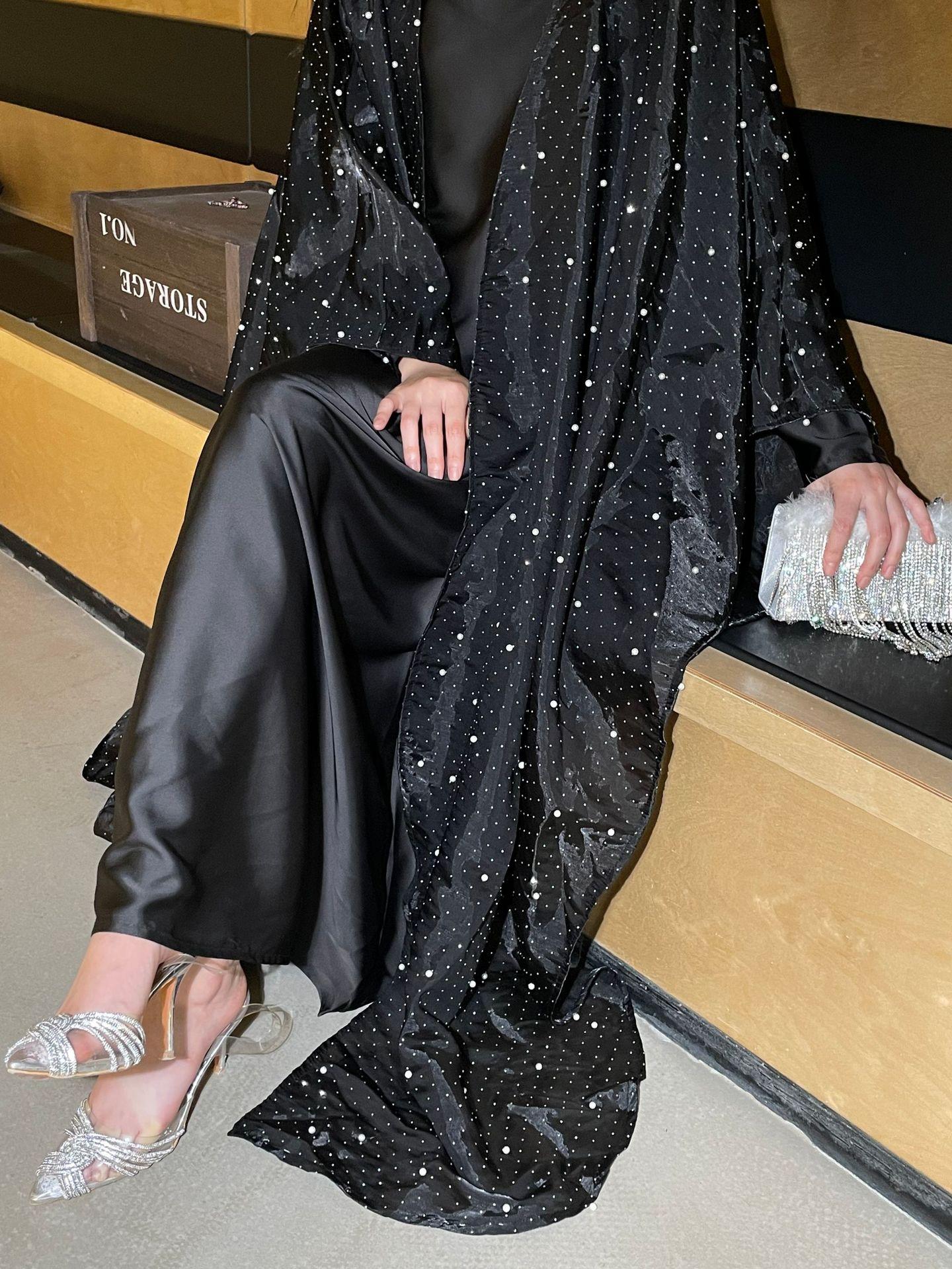 HA6540 Elegant Rhinestone Abaya Two-Piece Set with Outer Cape