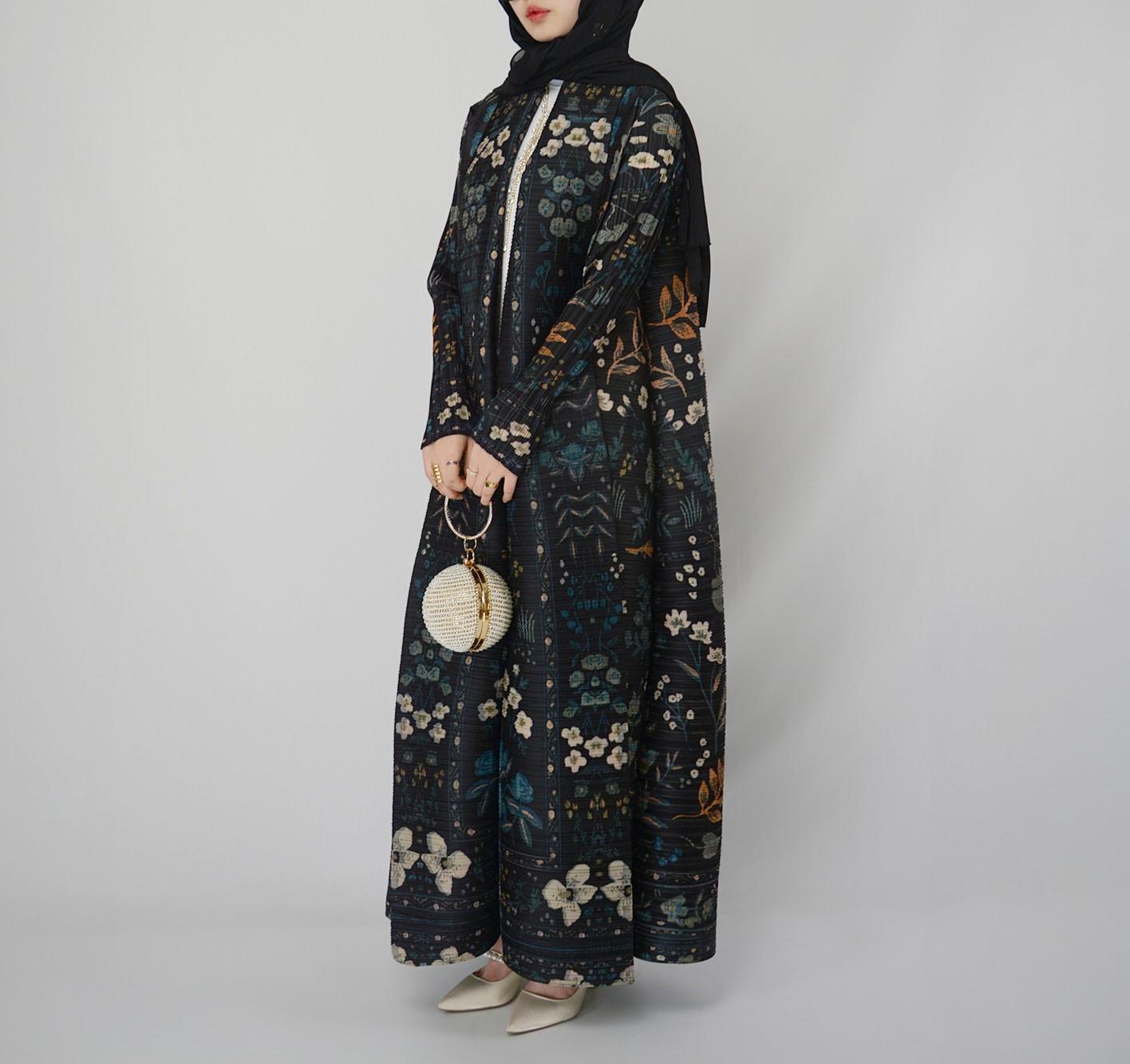 HS5836 Dark-colored, Long, Open-front Jacket with A Plant Print (with Belt)