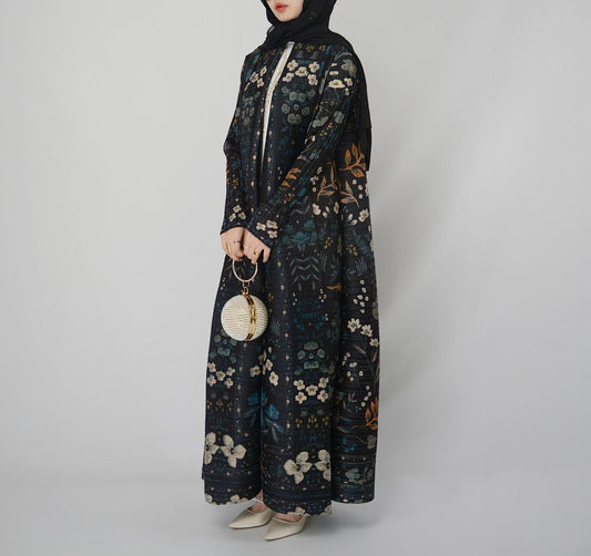 HS5836 Dark-colored, Long, Open-front Jacket with A Plant Print (with Belt)