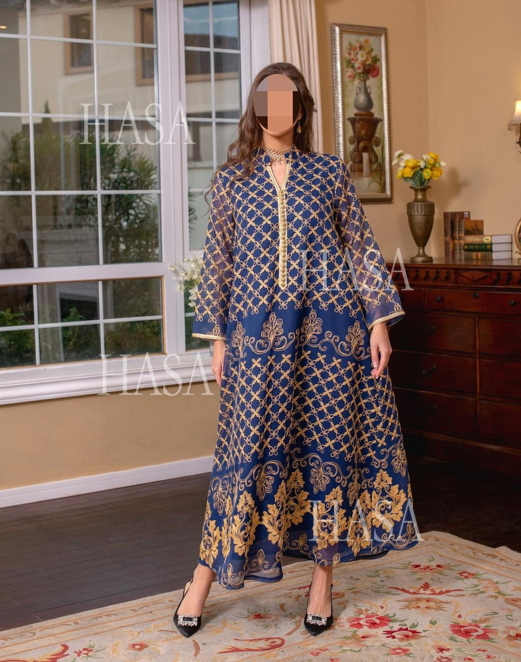 HA6640 Elegant Openwork Embroidered Abaya Long Dress