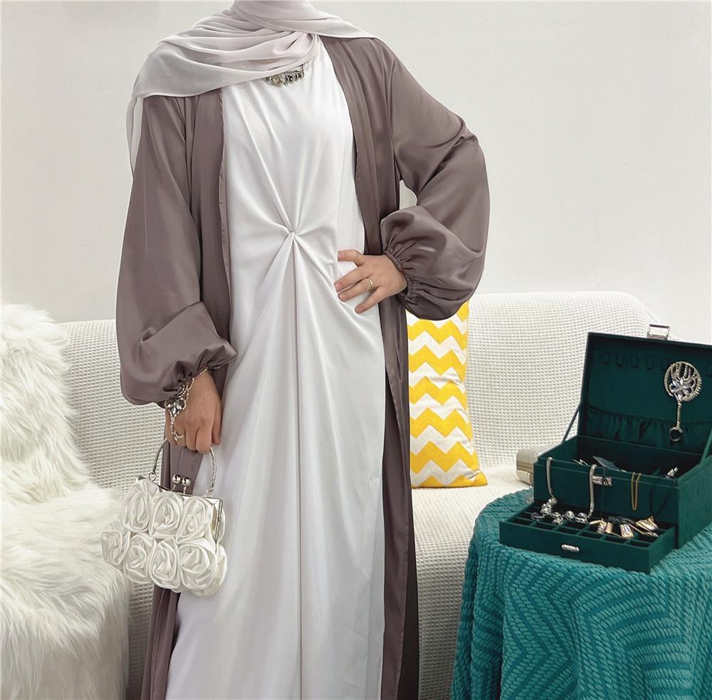 HAYA0481 Solid Color Satin Coat Robe Open Abaya
