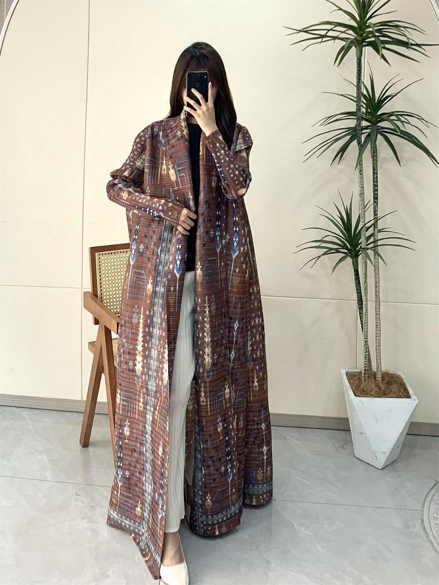 HS5848 Retro Brown Textured Open-front Long Coat
