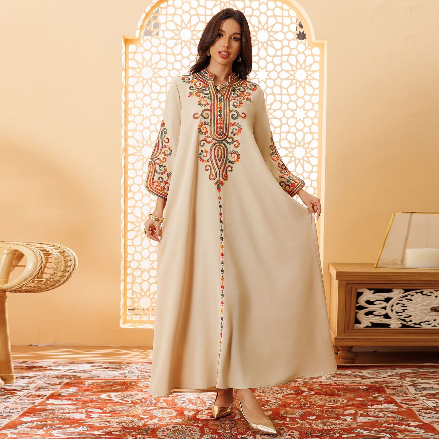 HA6652 Rope embroidery midi dress with elegant stand-up collar design