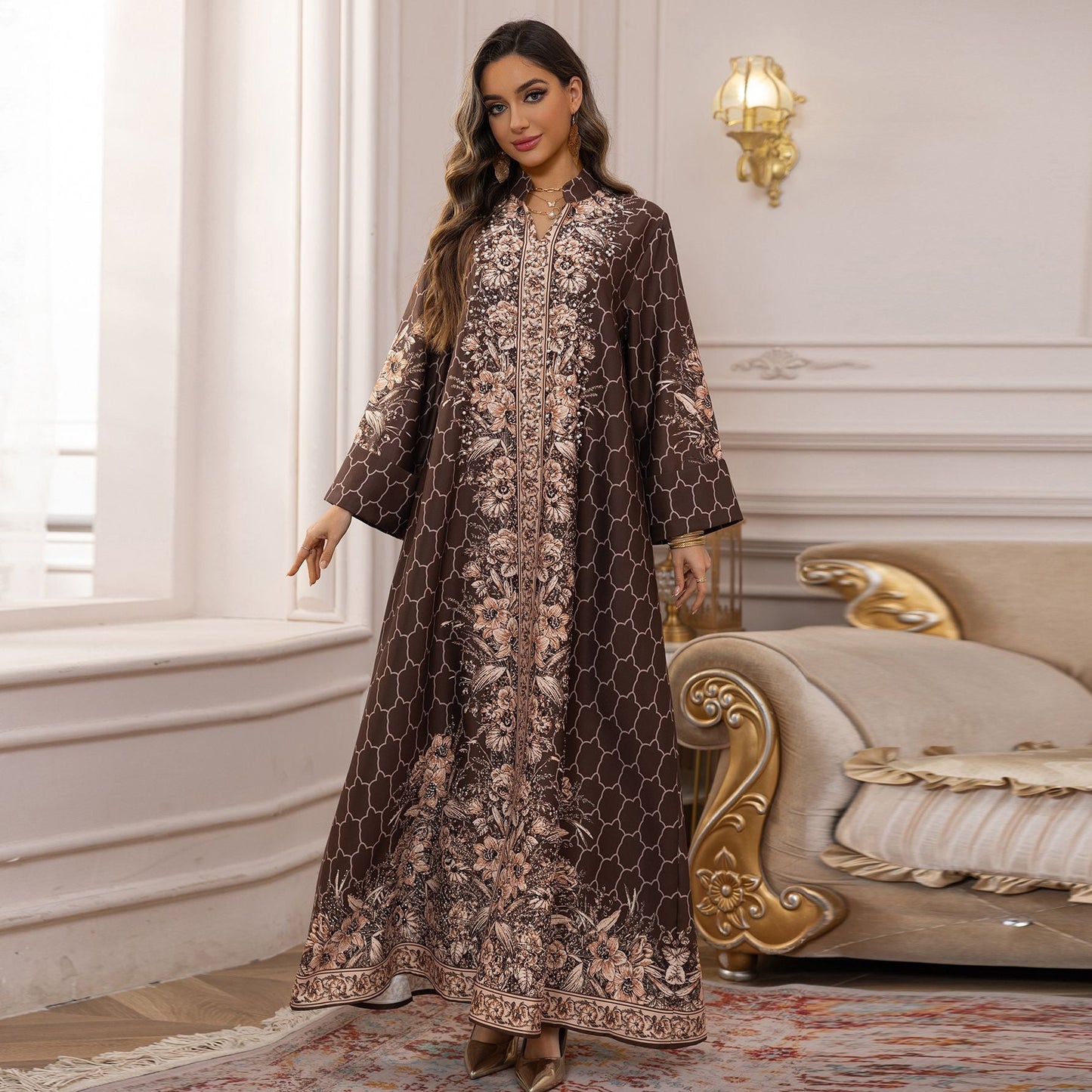 HA6654 Rhinestone-embroidered Long Robe Dress with Elegant Three-dimensional Pattern Design