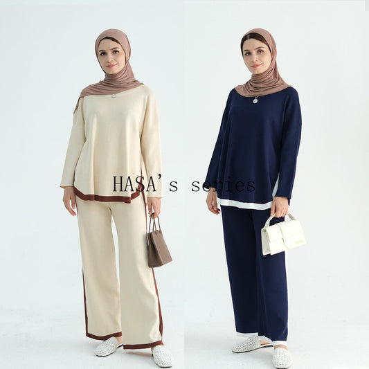 HS5149 Simple and elegant knitted set, featuring a loose-fitting, thick, long-sleeved two-piece design.