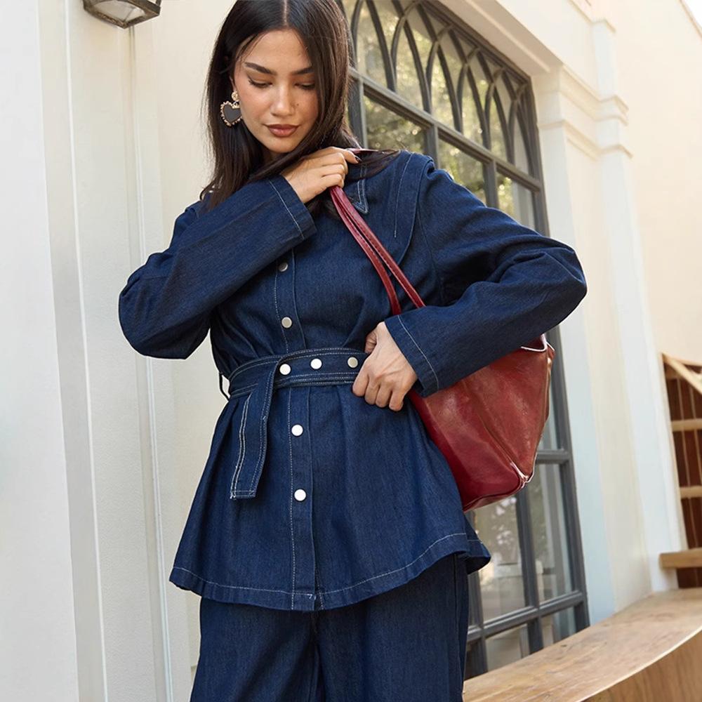 HA5890 Completo in Denim Lavato Primaverile Per Donne Con Cintura, Giacca Monopetto A Maniche Lunghe E Pantaloni A Vita Alta