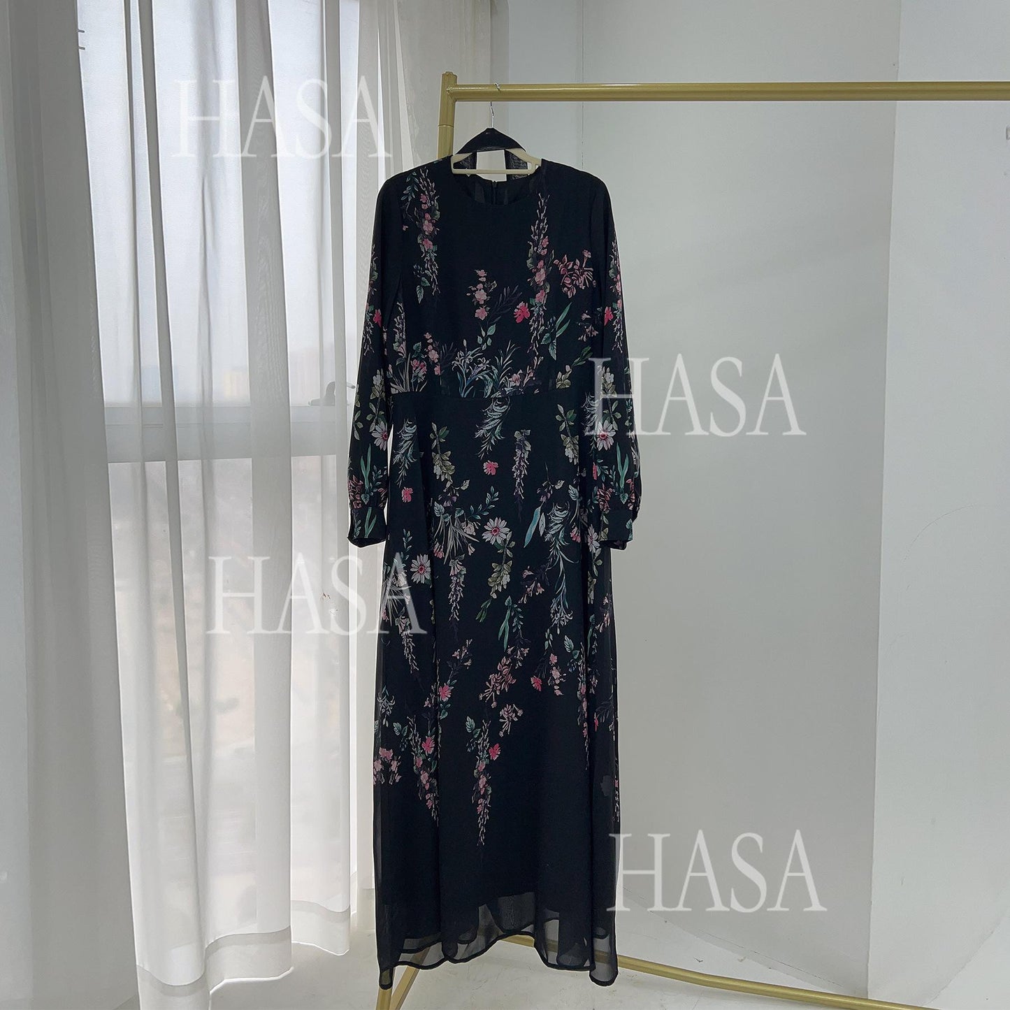 HA6531 Chiffon Printed Ankle-Length Maxi Dress with Long Sleeves