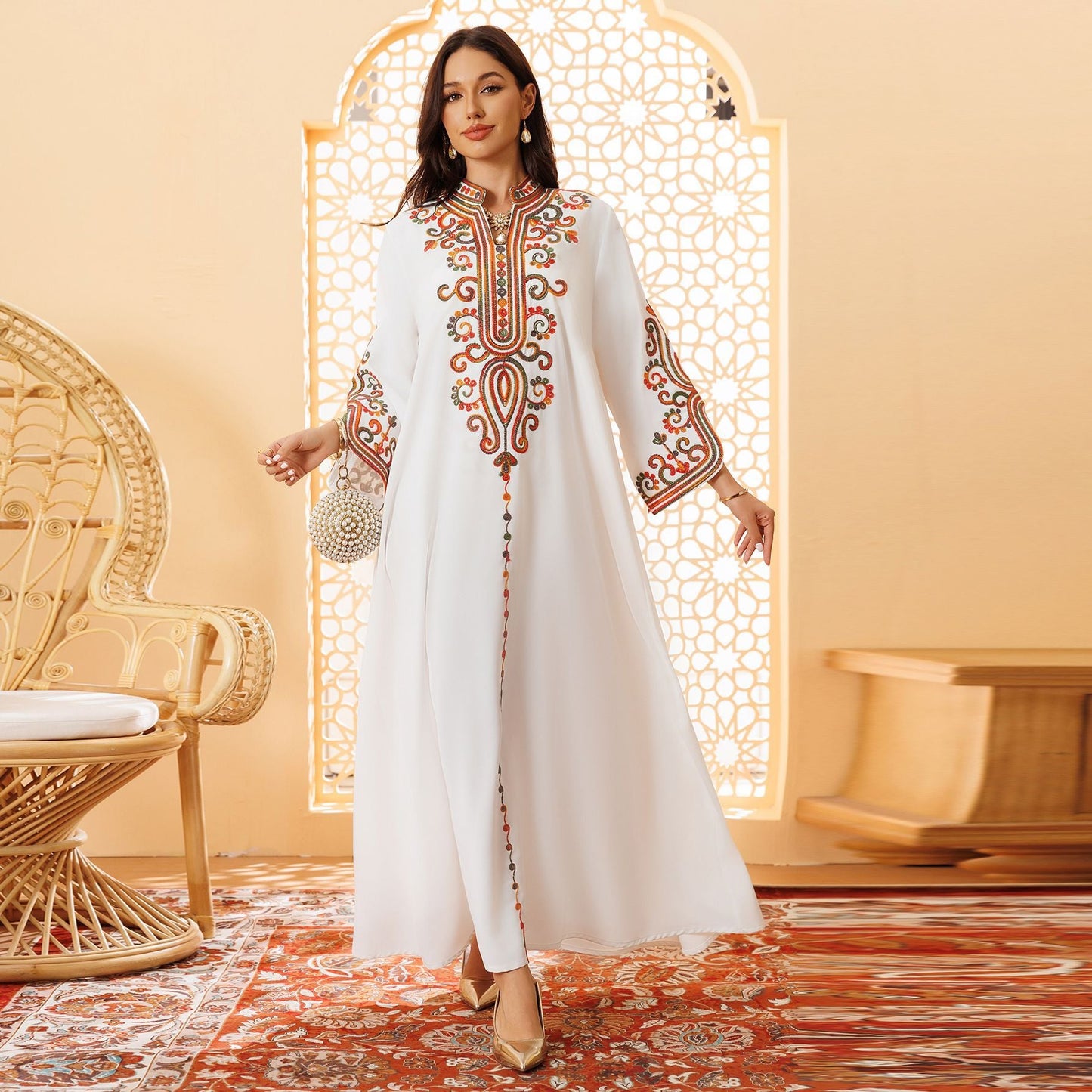 HA6652 Rope embroidery midi dress with elegant stand-up collar design