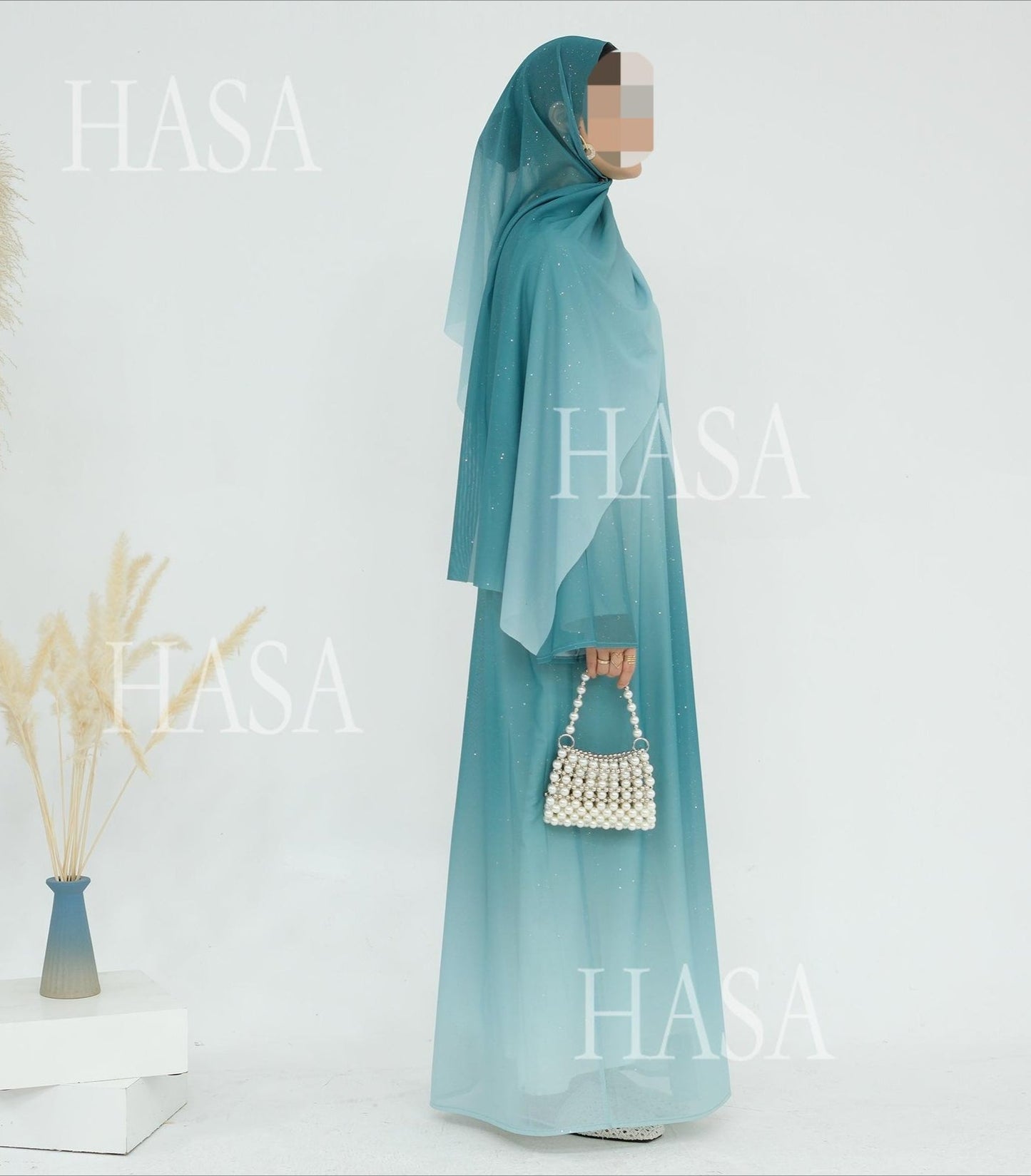 HA6617 Gradient Color Long Cardigan Two-Piece Set (Including Headscarf)
