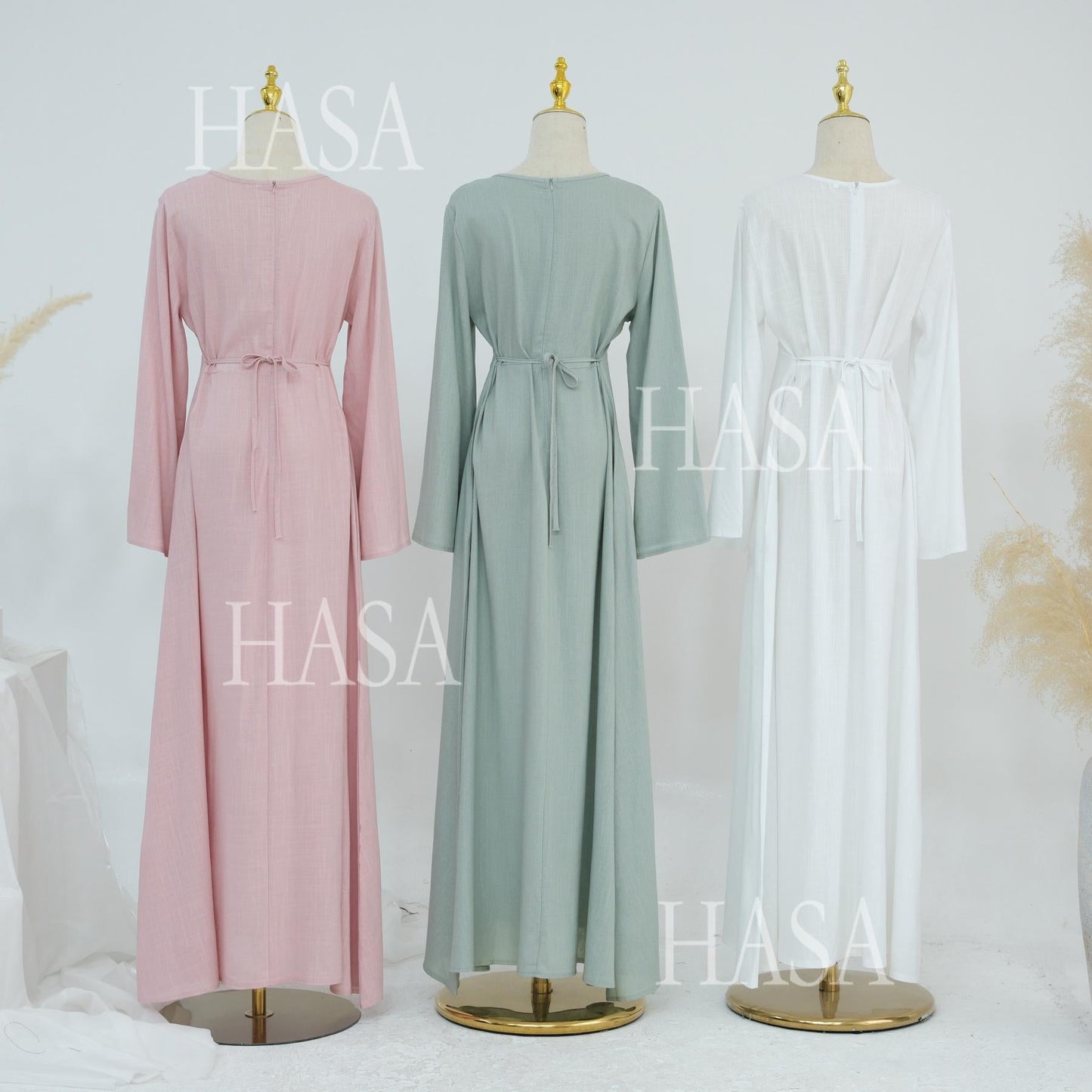 HA6494 Simple Solid Color Linen Bamboo Dress | Lace-Up Design