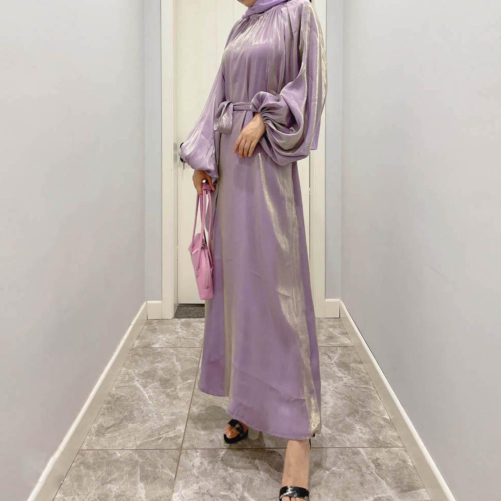 HAYA10043 HAYA  Large Lantern Sleeves Long Bright Silk Dress Stand Up Collar Back Tie Women's Dress Abaya