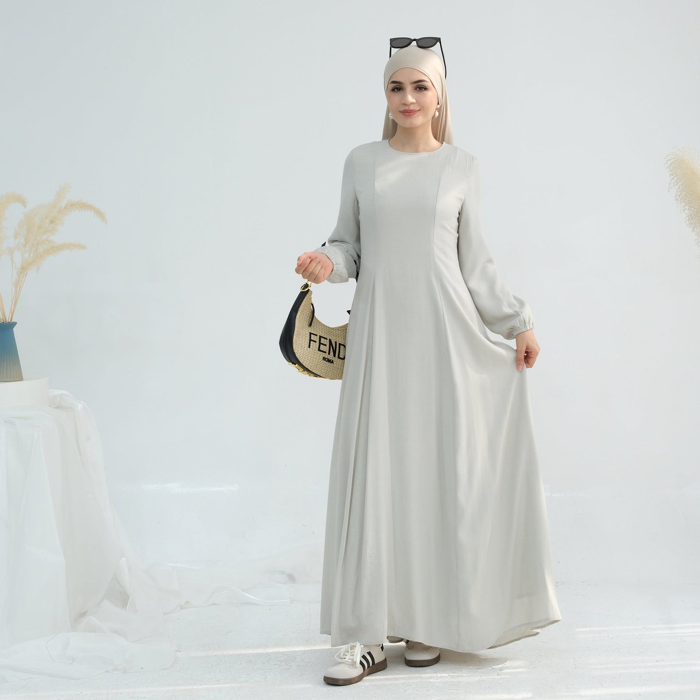 HA6632 Double Lined Simple Long Sleeve Dress
