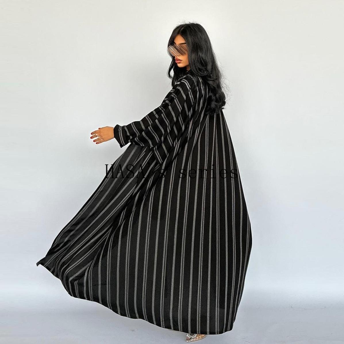 HS5096 Stylish Black and White Striped Long Coat with A Loose-fitting, Open-front Design.