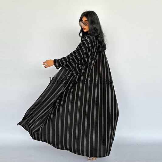 HS5096 Stylish Black and White Striped Long Coat with A Loose-fitting, Open-front Design.