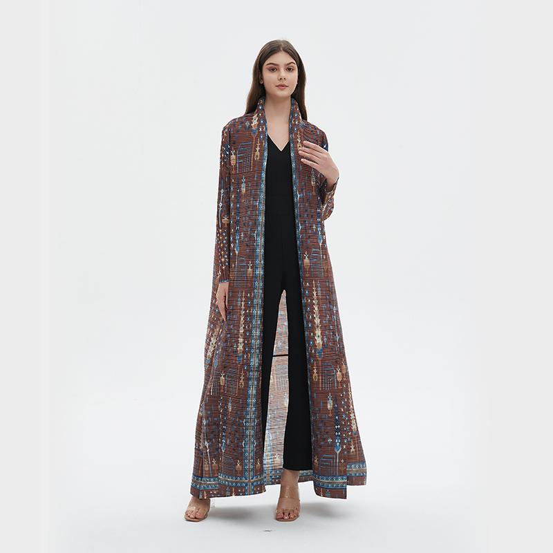 HS5848 Retro Brown Textured Open-front Long Coat