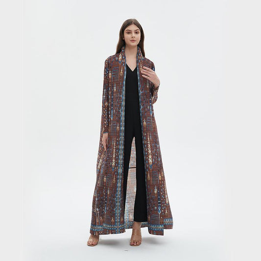 HS5848 Retro Brown Textured Open-front Long Coat