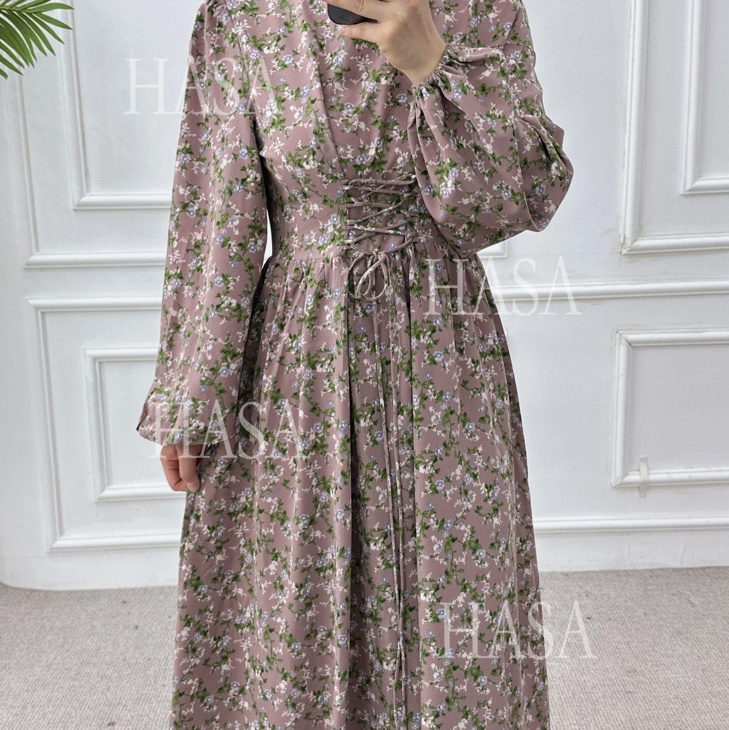 HA6489 Long-sleeved Floral Maxi Dress with Natural Waist