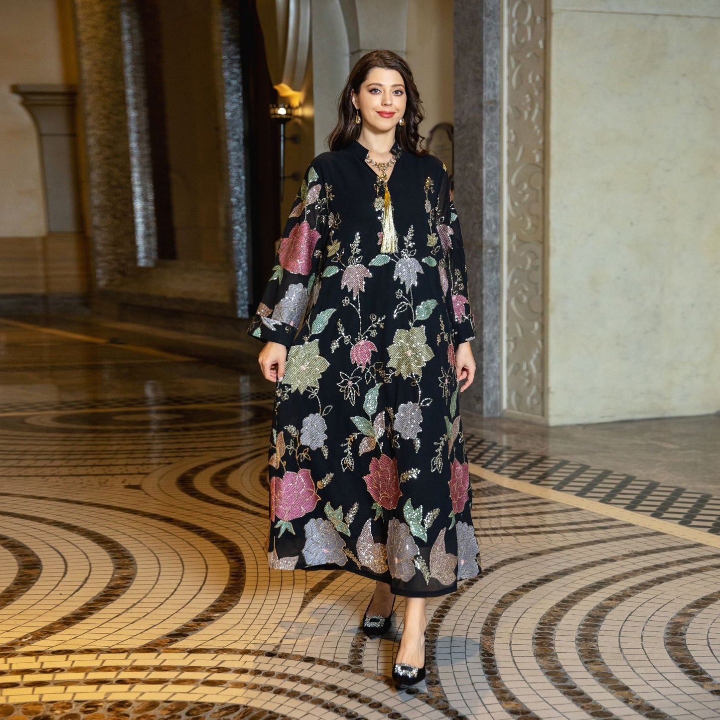 HA6649 Sequined Embroidered Tassel Long Robe, Elegant and Sophisticated Dress