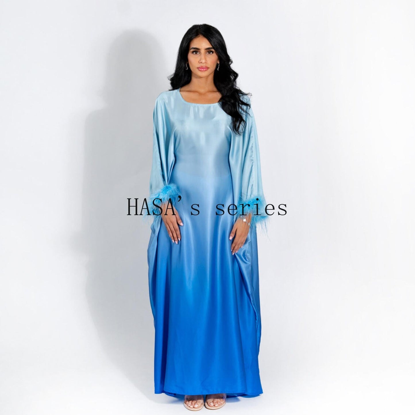 HS5108 Elegant long dress with gradient color waist design and batwing sleeves.