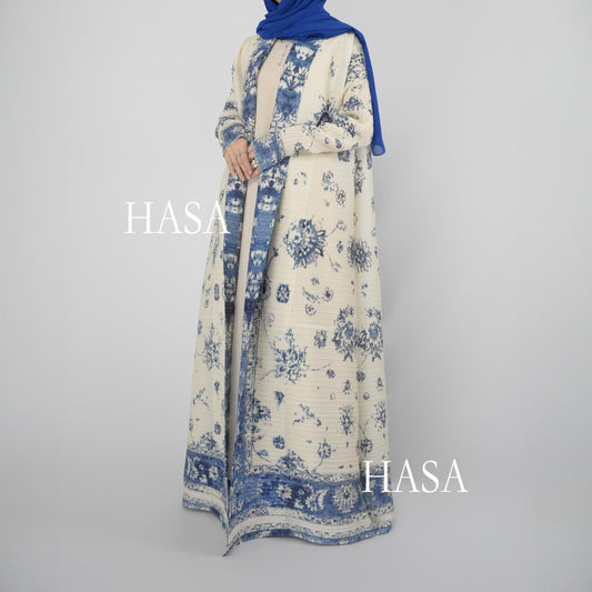 HS5851 Elegant, Retro-style Blue Floral Print Open-front Long Coat.