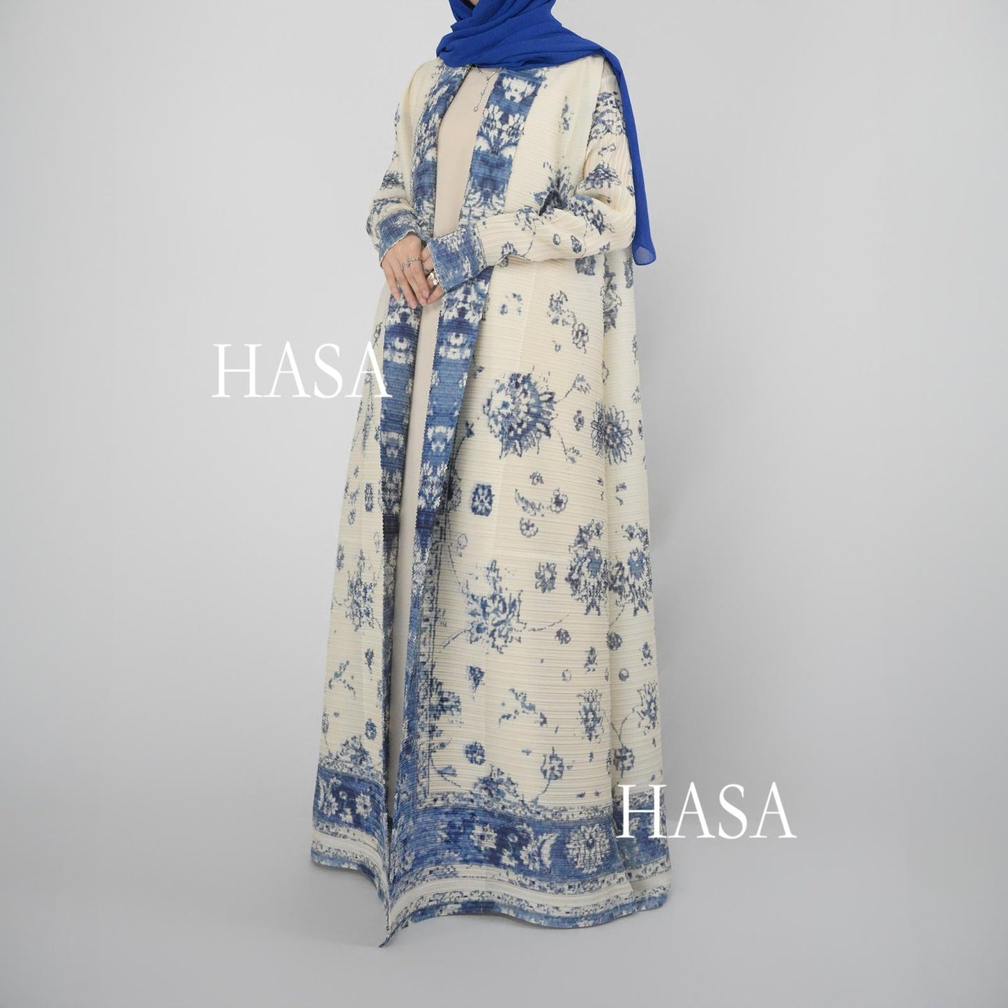HS5851 Elegant, Retro-style Blue Floral Print Open-front Long Coat.