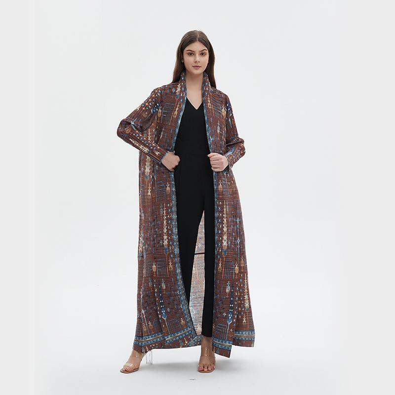 HS5848 Retro Brown Textured Open-front Long Coat