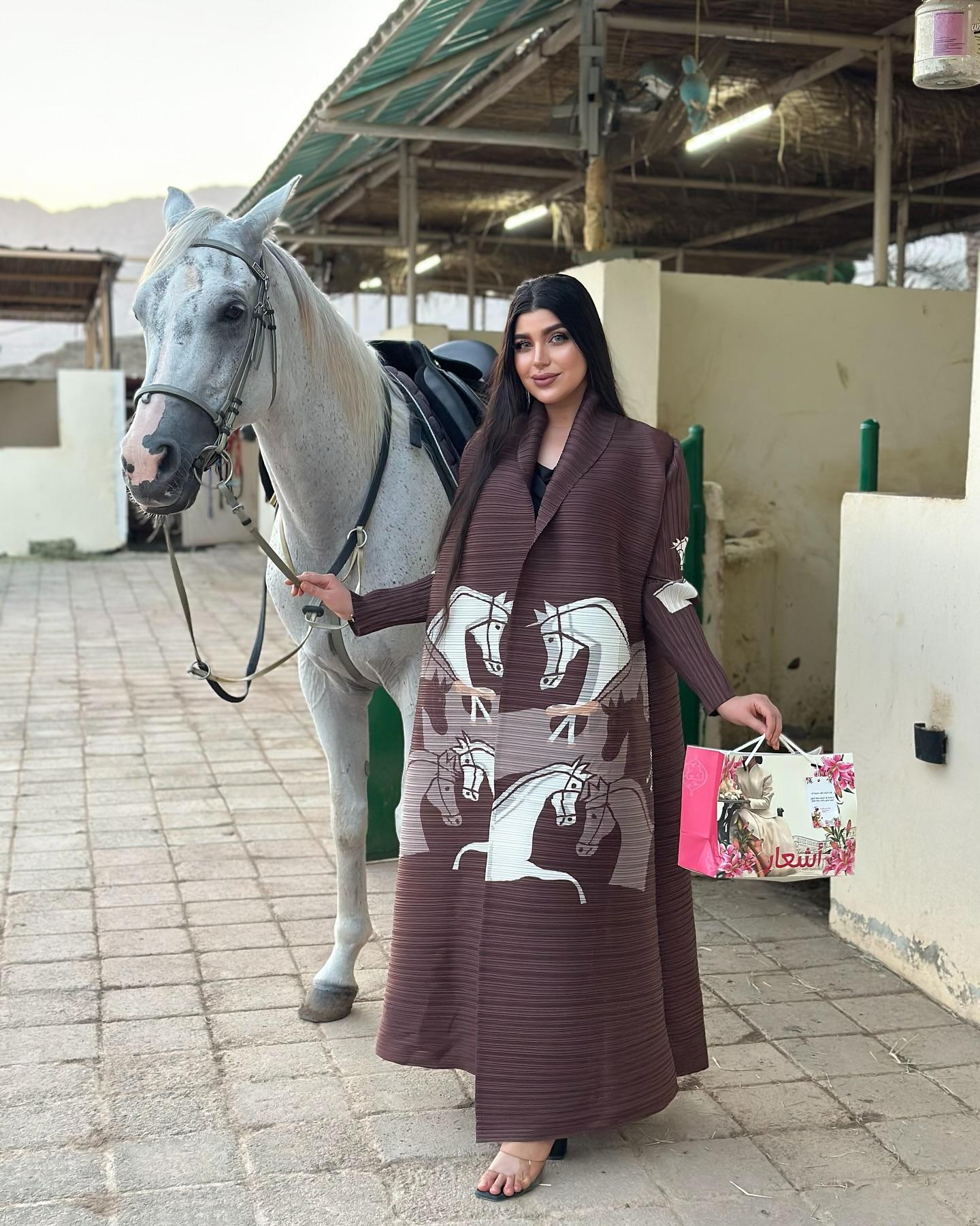 HS6718 Questrian Elegance | Brown Abaya with Horse Motifs