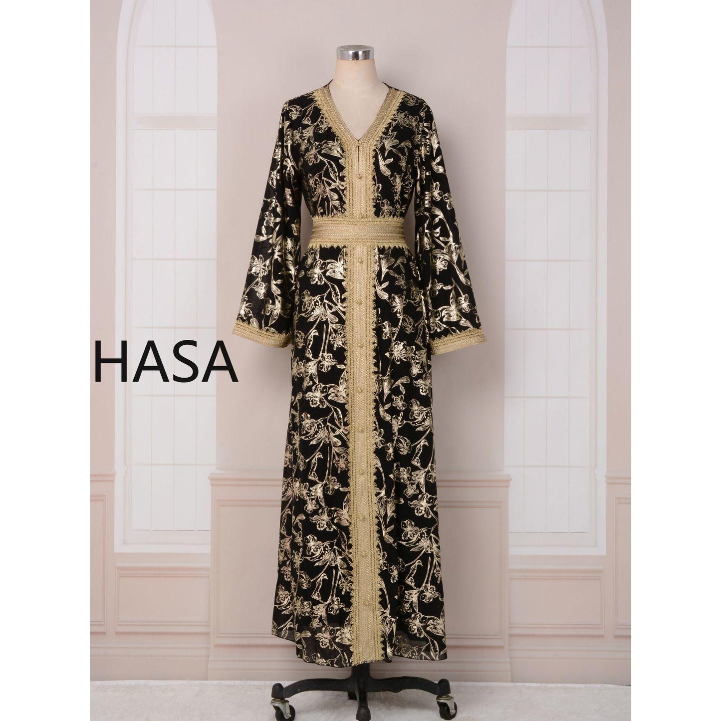 HA1249 Elegant Floral Abaya with Golden Detailing