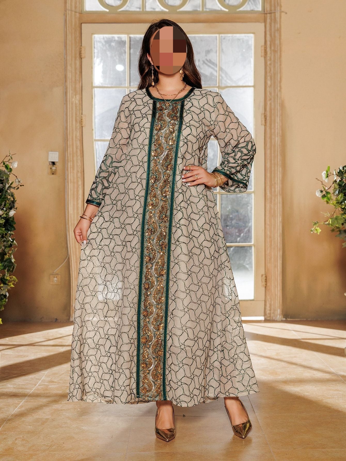 HA6668 A Simple and Elegant Long Dress Adorned with Mesh Embroidery.