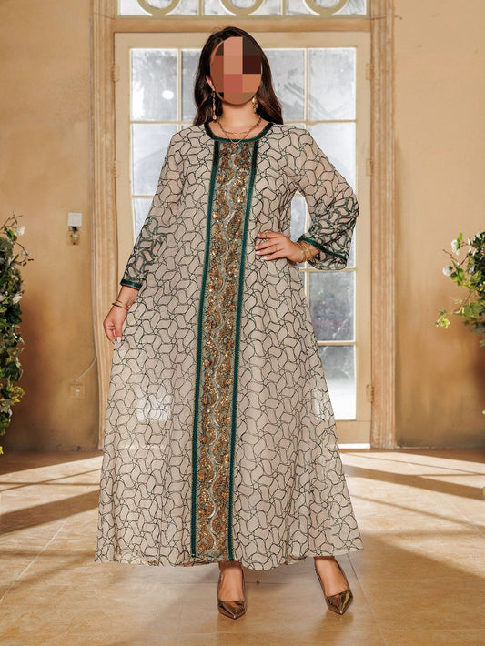 HA6668 A Simple and Elegant Long Dress Adorned with Mesh Embroidery.