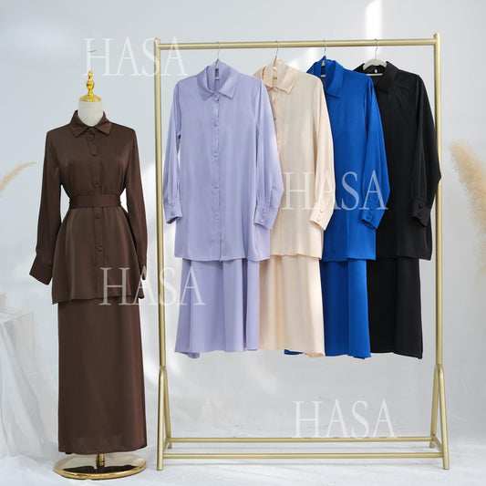 HA5874 Gentle Lace-up Two-piece Suit, Simple Texture, First Choice for Daily Wear abaya girl