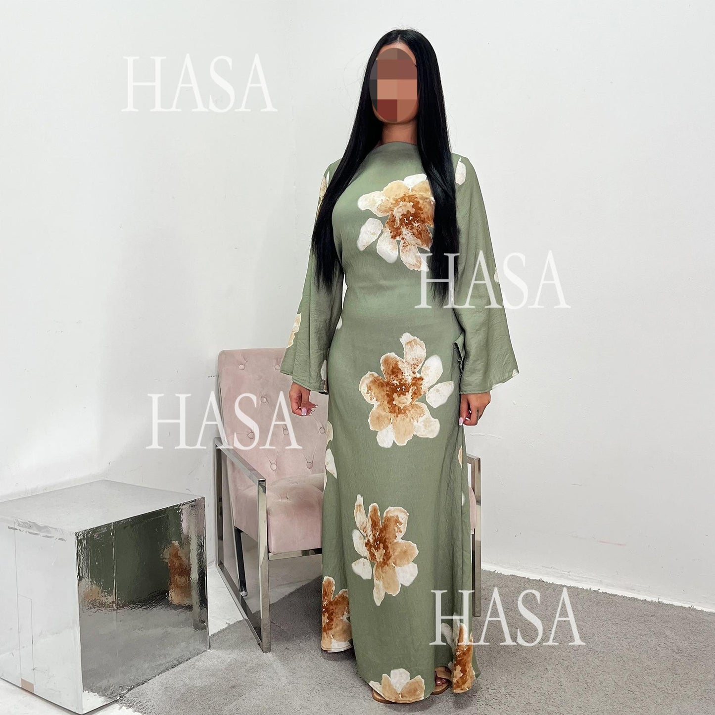 HA6503 Long-sleeved Waist-length Printed Dress (one Piece)