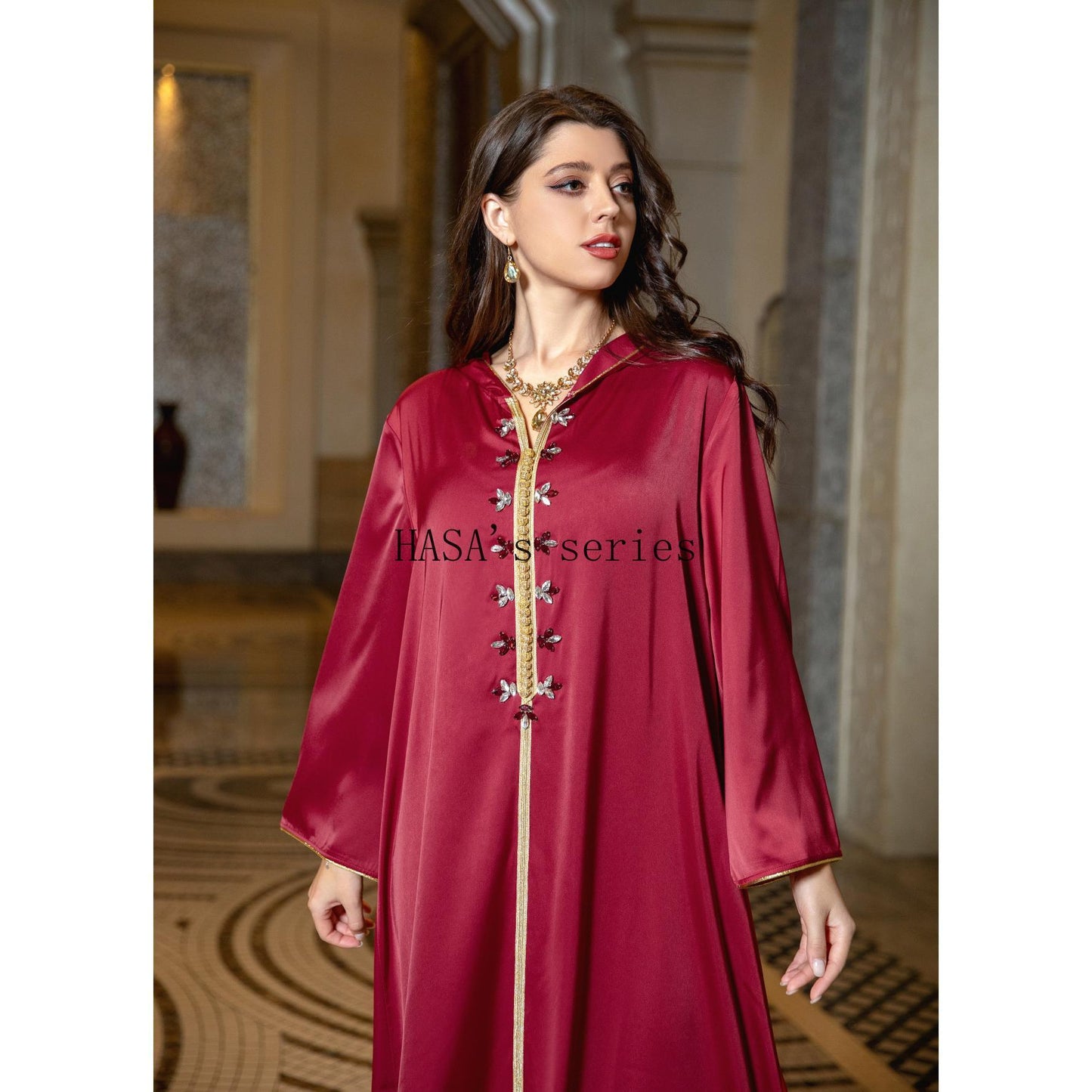 HASA's Series  HA1231 Jeweled Ribbon Satin Home Dress Abaya