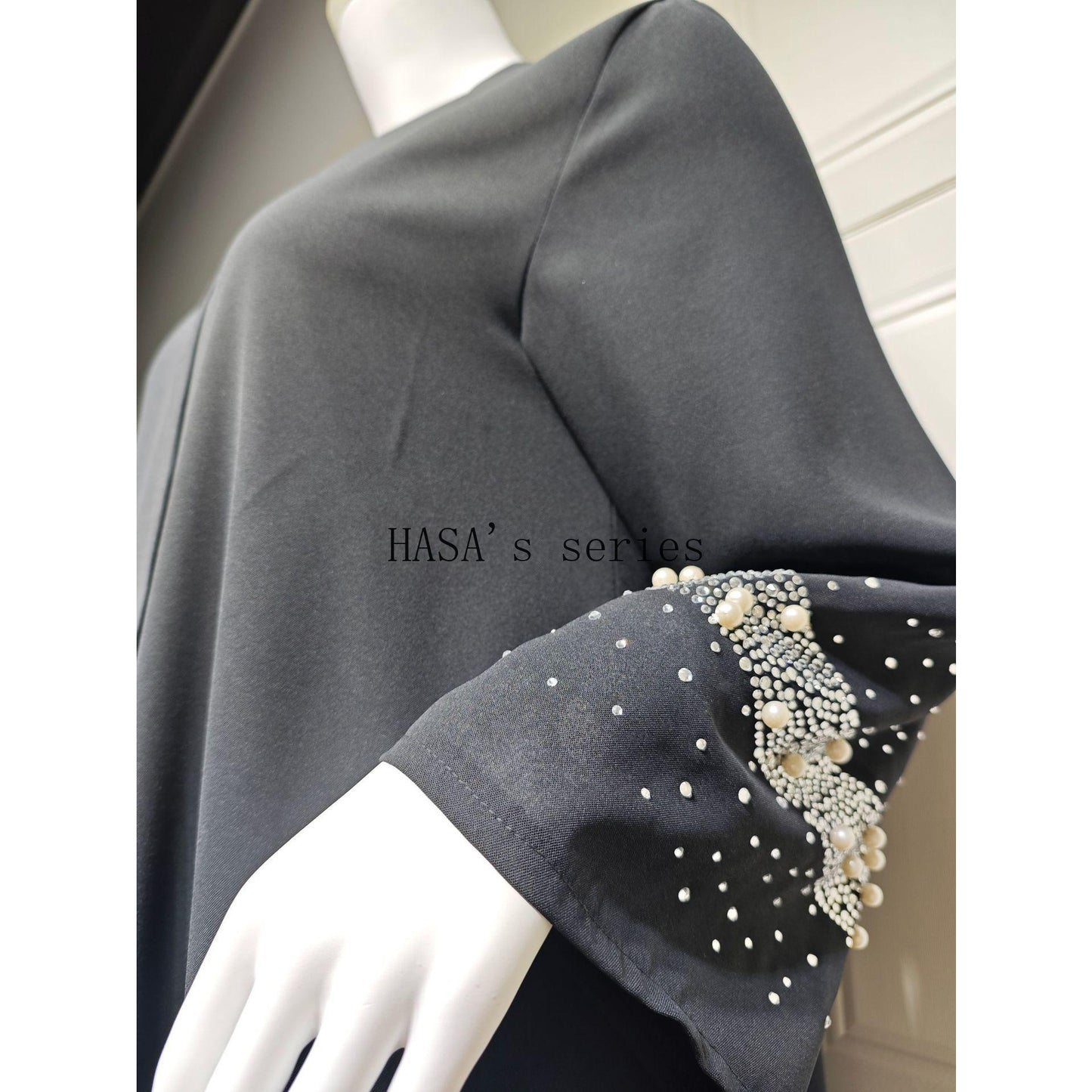 HS5097 Elegant Black Rhinestone-embellished Gown, Two-piece Beaded Set with Headscarf.