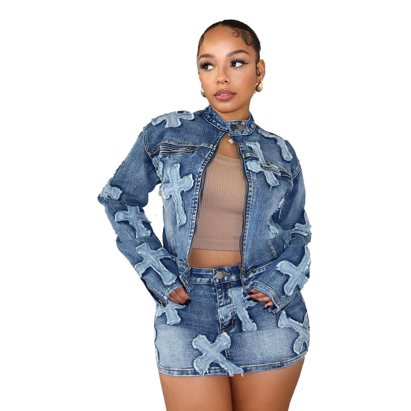 HS6391 Primavera Nuovo Set Gonna in Denim Set Giacca Gonna Ricamata in Denim