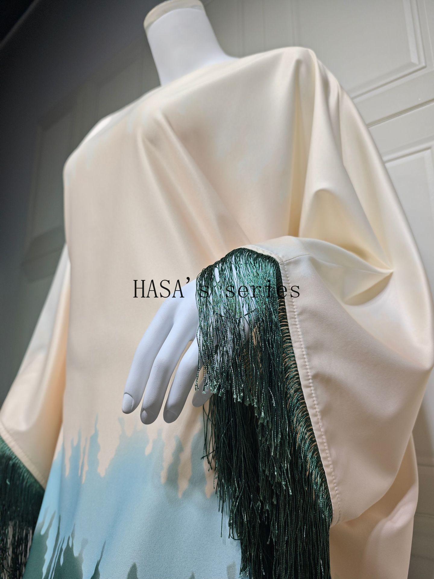 HS5095 Romantic Gradient Fringed Robe, Elegant Printed Long Dress