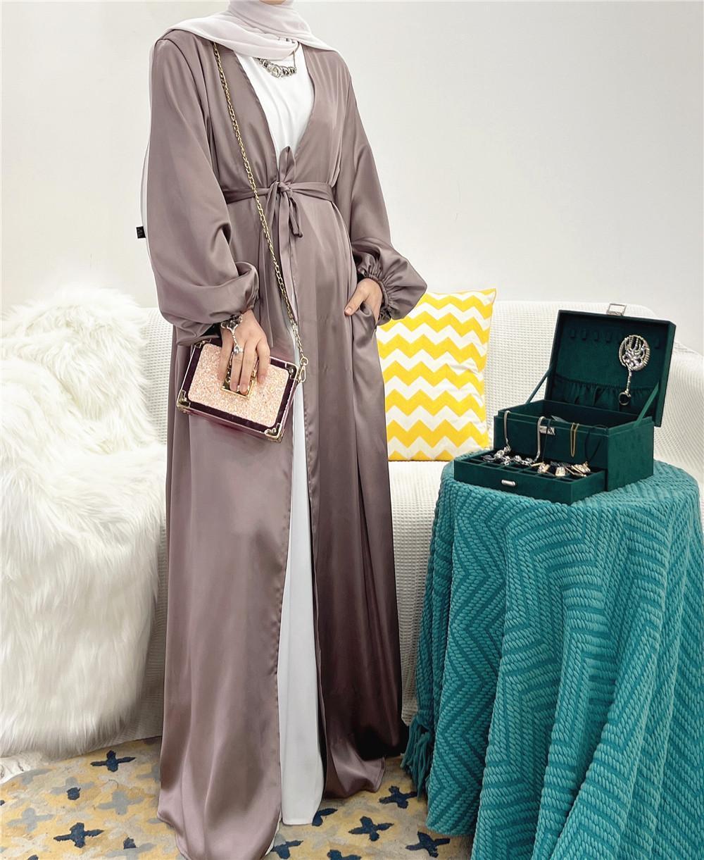 HAYA0481 Solid Color Satin Coat Robe Open Abaya