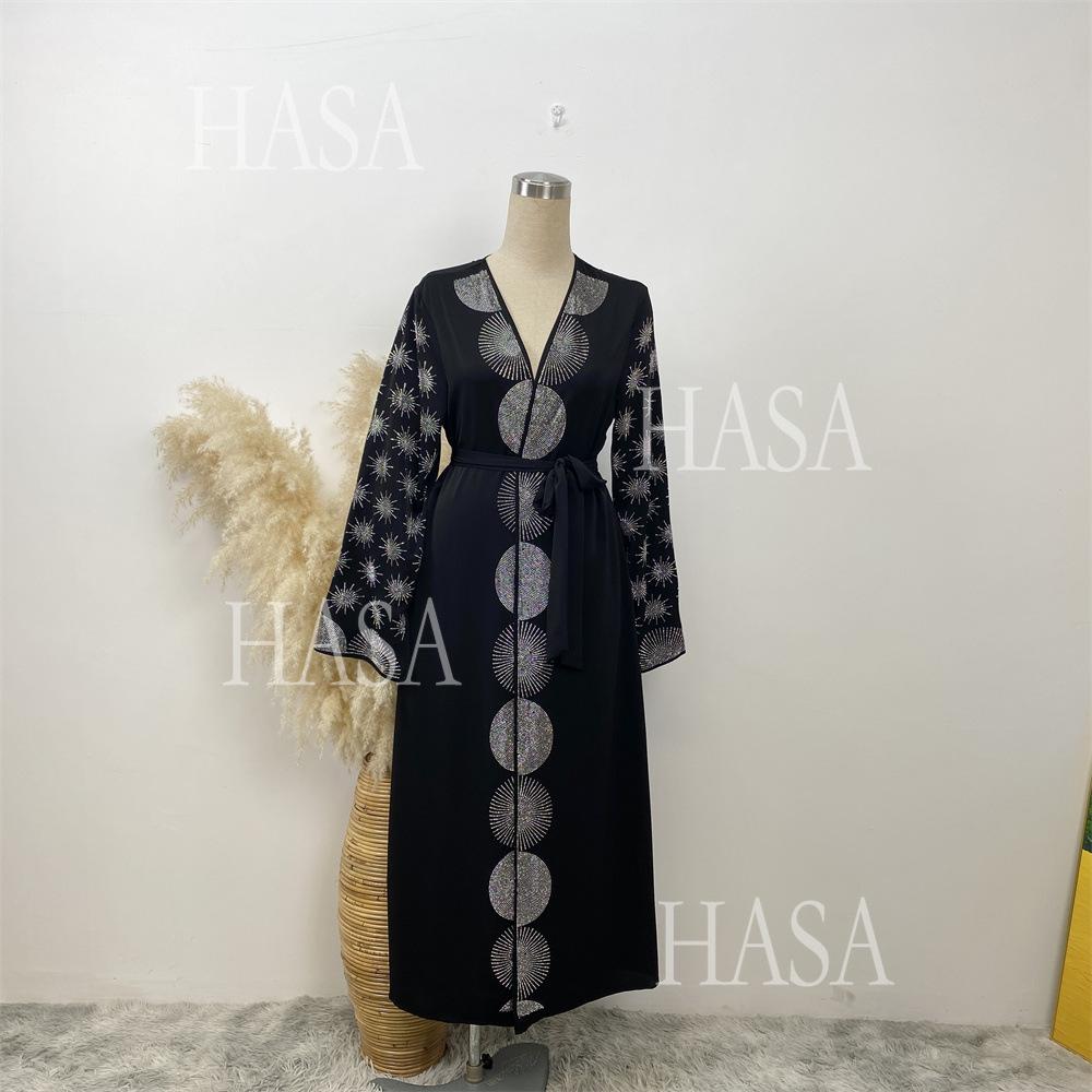 HA6588 Black Cardigan Dress with Rhinestone Embellishment and Pockets