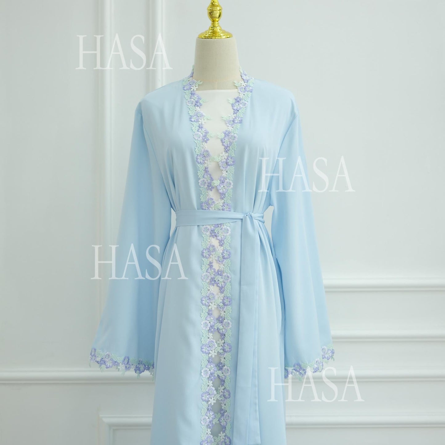HA6562 Blue Bow Embroidered Abaya Tunic Cardigan