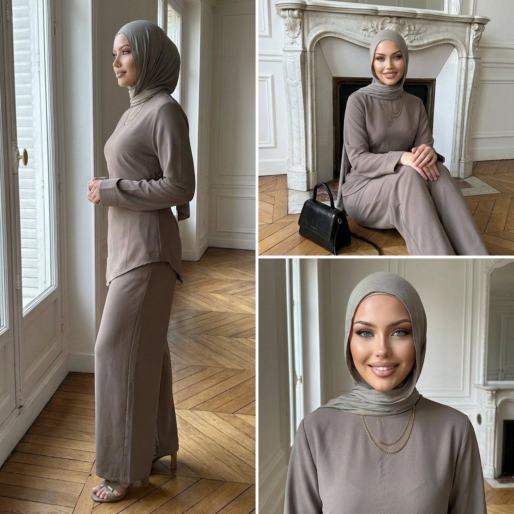 HA6614 Modest Nida Two-Piece Set with Waist Tie & Pocket Trousers