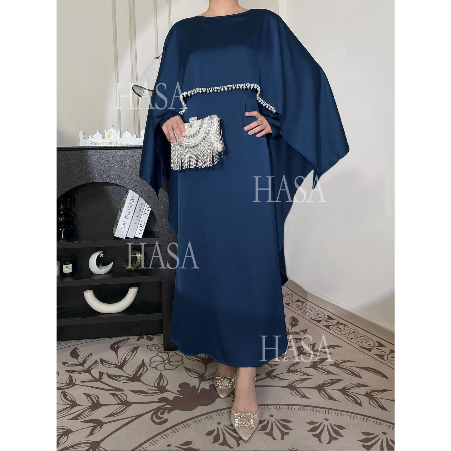 HA6570 Elegant Cape-style Satin Dress Robe for Women