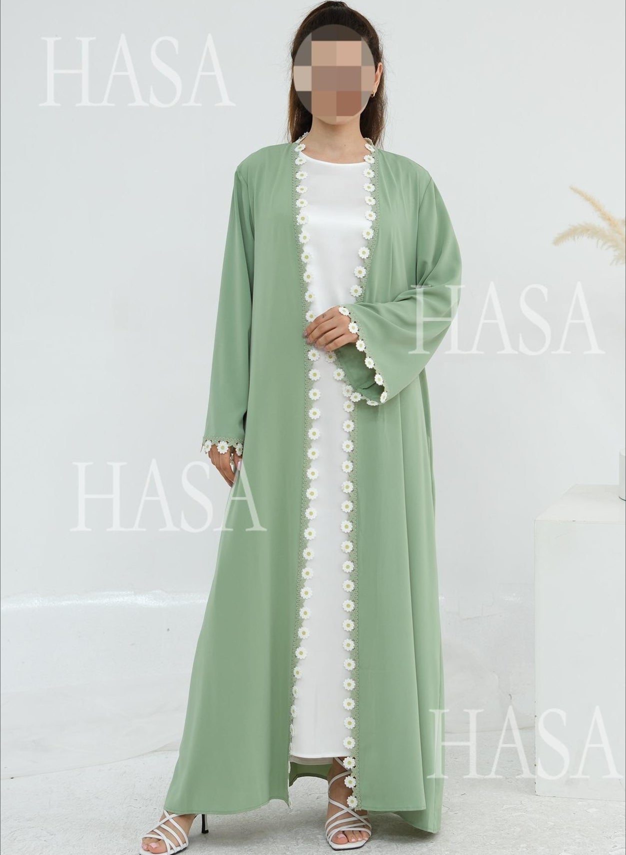 HA6616 Green Flower Stitching Cardigan Two-Piece Set (Including Headscarf)